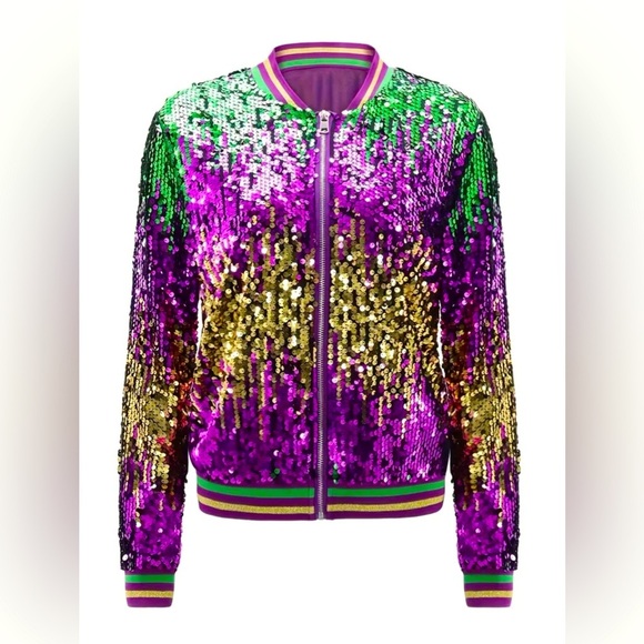Mardi Gras Sequin Zip Up Colorblock Jacket - Picture 3 of 7